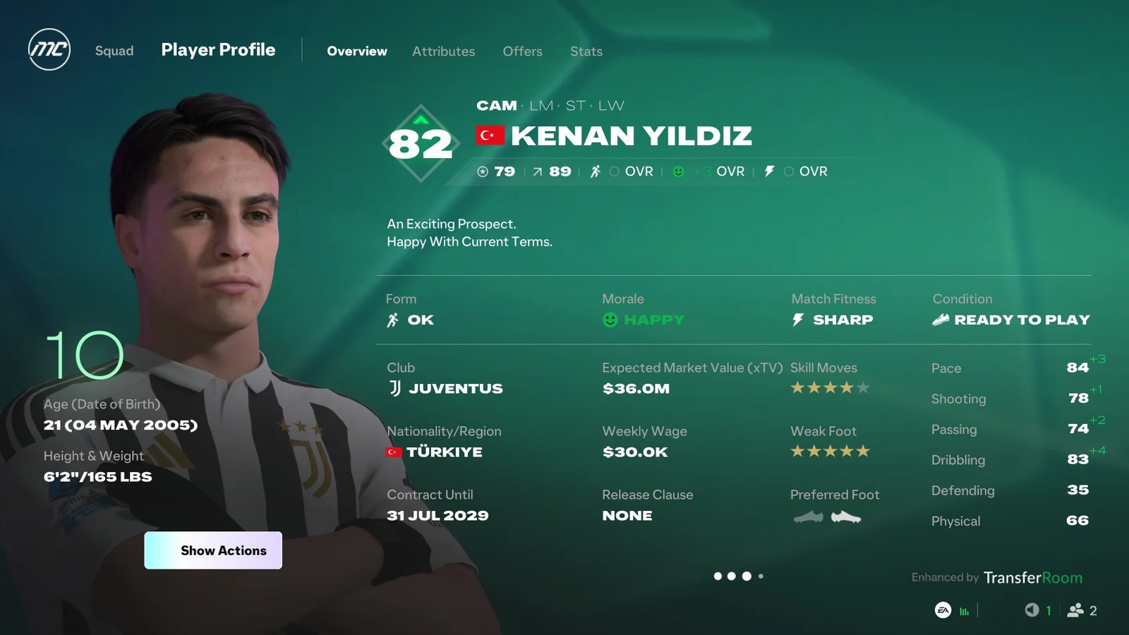Kenan Yildiz player profile in FC 27 showing overall rating, form, morale, match fitness and expected transfer value.