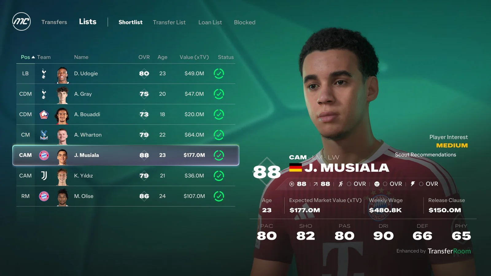FC 27 Manager Career shortlist with player ratings, expected transfer values, wages and an interest indicator beside Jamal Musiala.