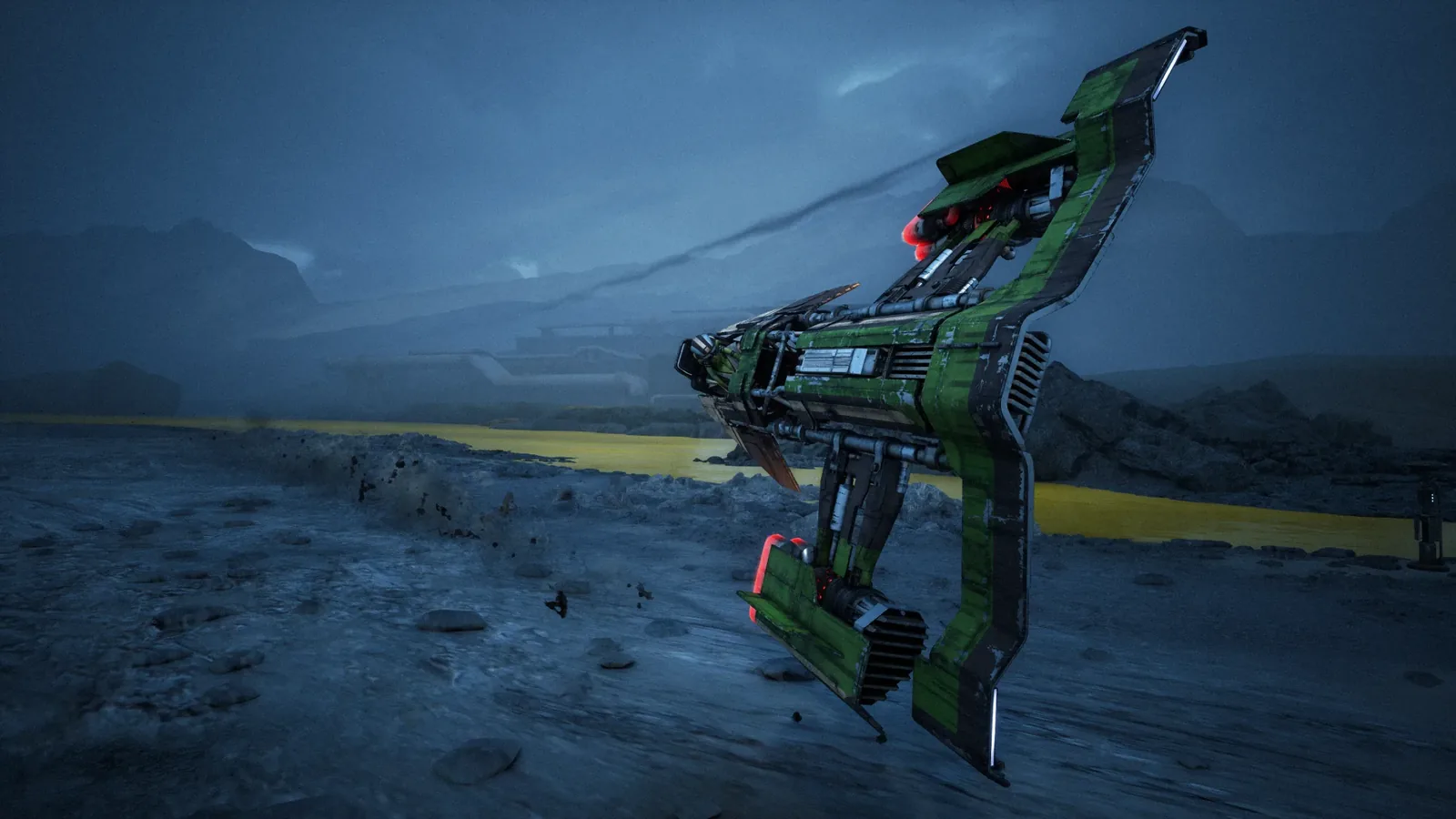 A green skim speeder rolls vertically above a dark rocky track