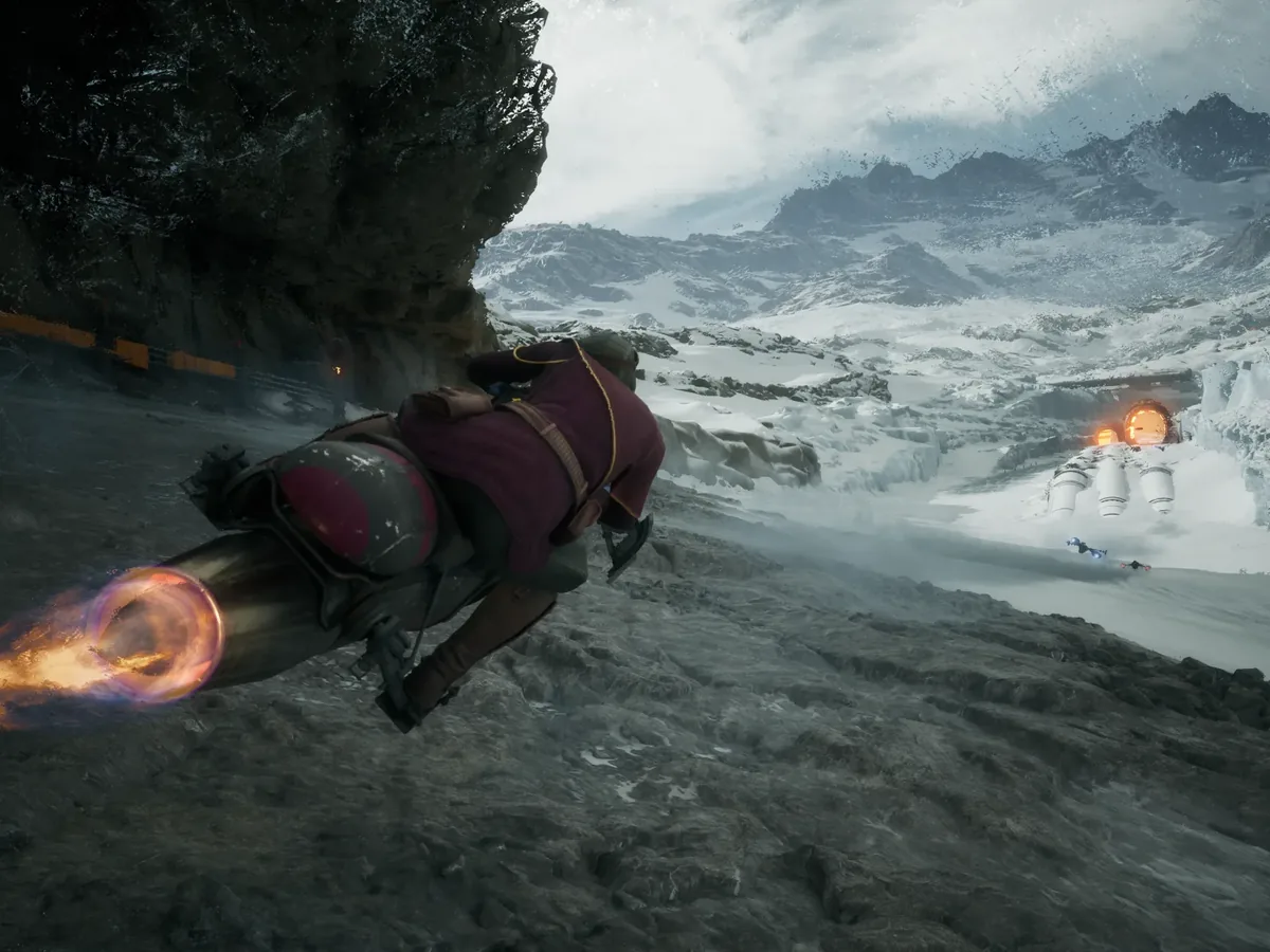 A speeder bike leans into a bend across a snowy mountain track