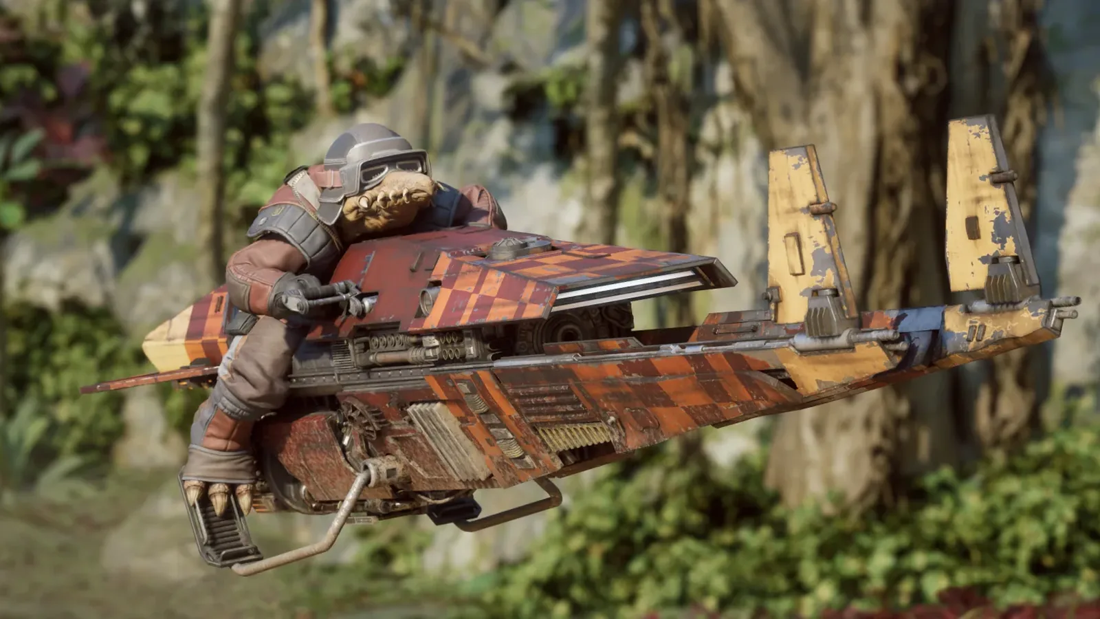 An alien rider leans over a battered orange speeder bike