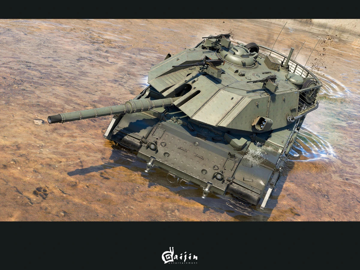 An armoured vehicle travelling through shallow water in an official War Thunder screenshot