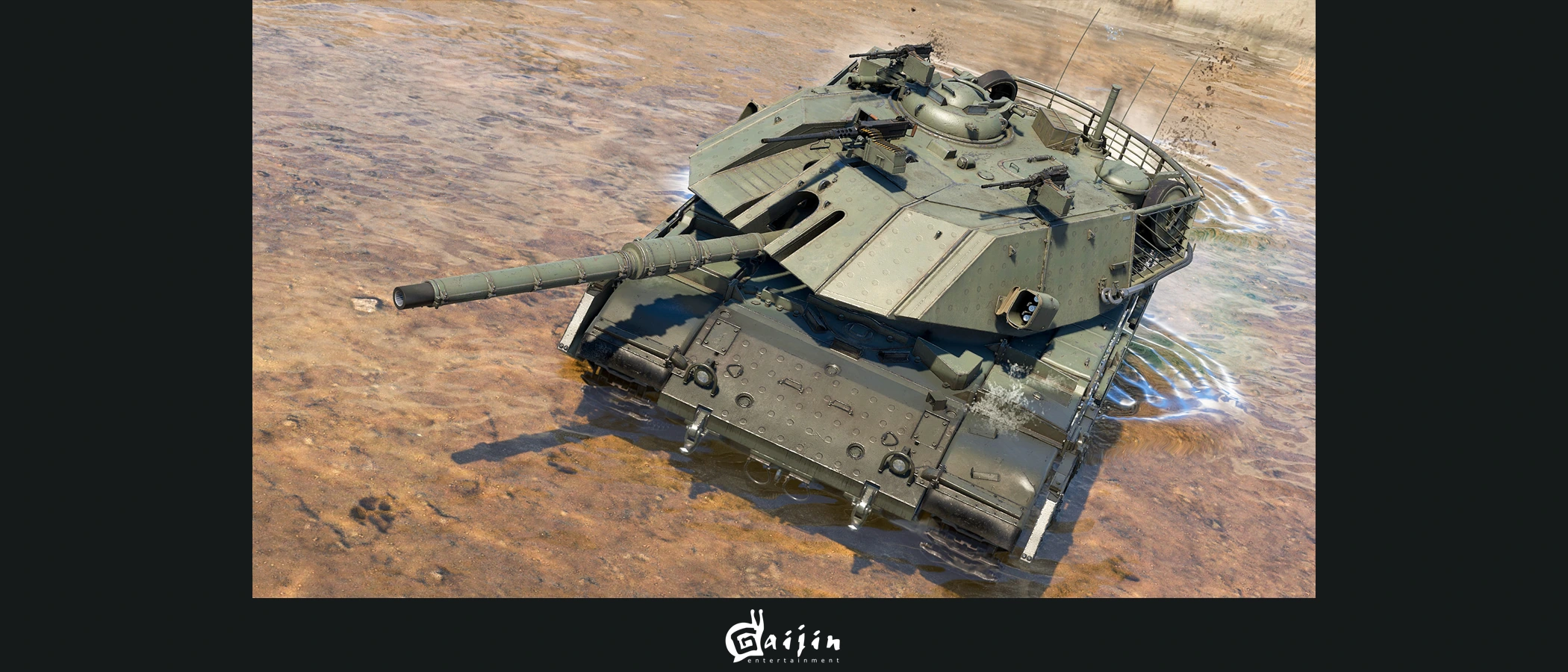 An armoured vehicle travelling through shallow water in an official War Thunder screenshot