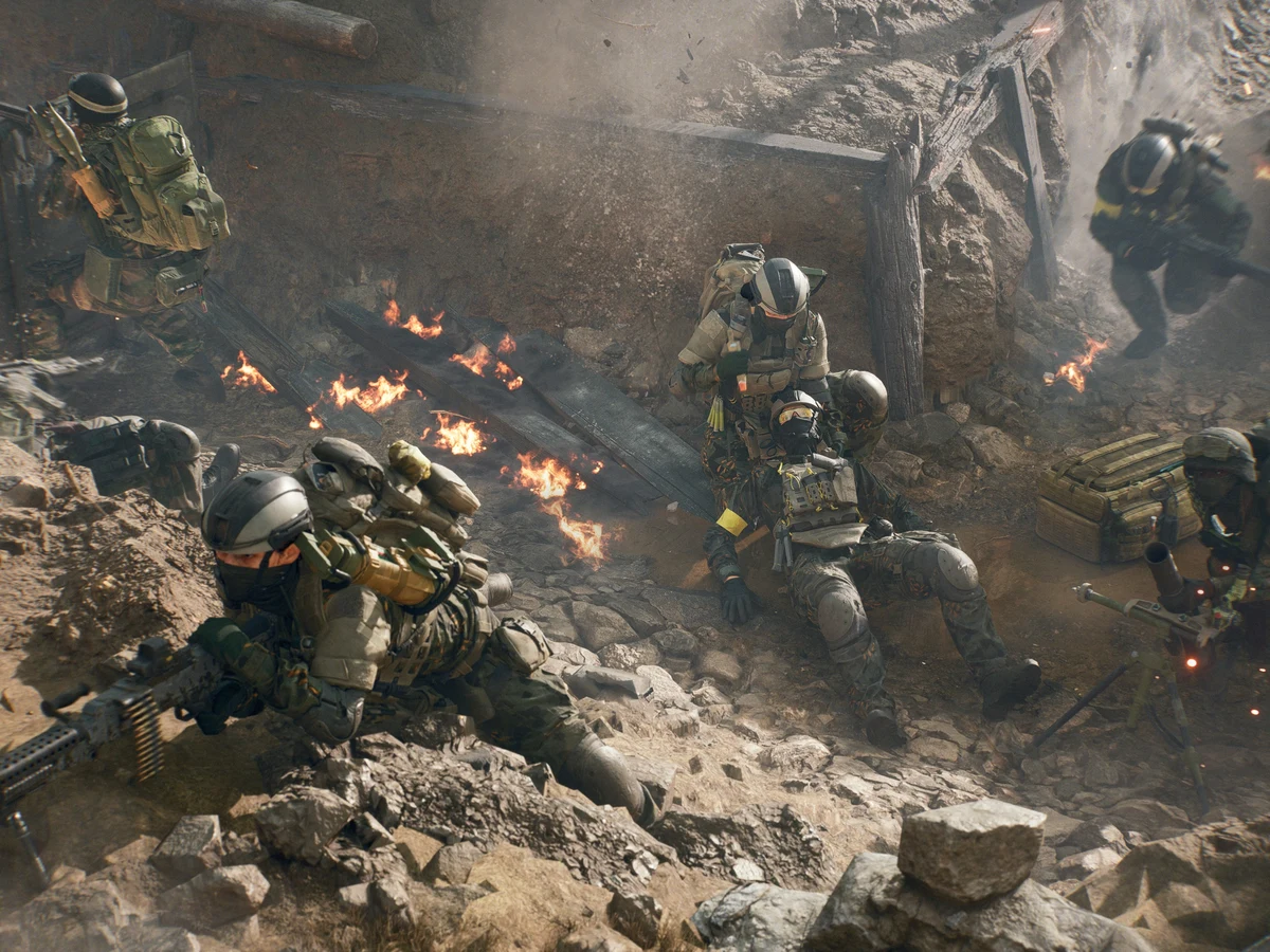 Battlefield 6 soldiers fighting from a trench with rifles and a mounted weapon