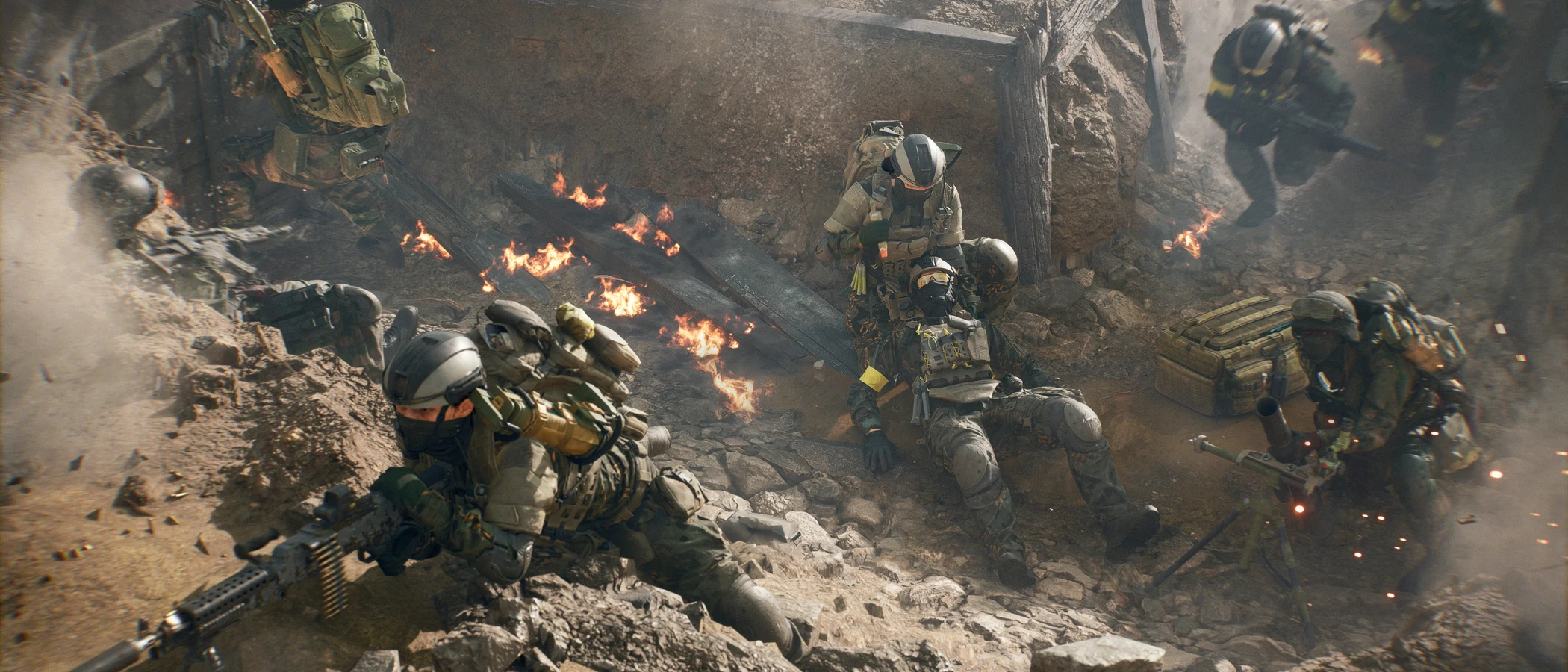 Battlefield 6 soldiers fighting from a trench with rifles and a mounted weapon