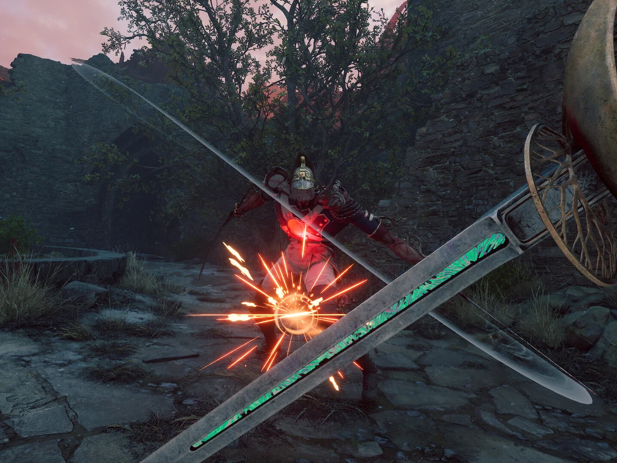 A narrow sword crosses an enemy weapon amid sparks on a rocky path in Valor Mortis.