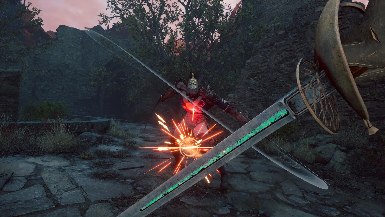 A narrow sword crosses an enemy weapon amid sparks on a rocky path in Valor Mortis.
