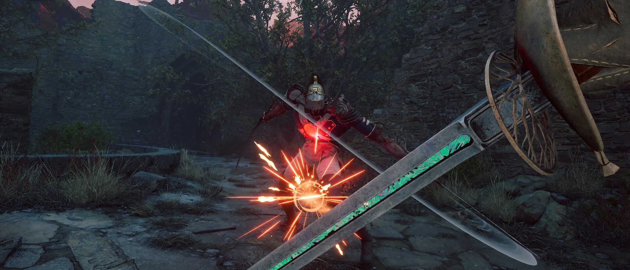 A narrow sword crosses an enemy weapon amid sparks on a rocky path in Valor Mortis.