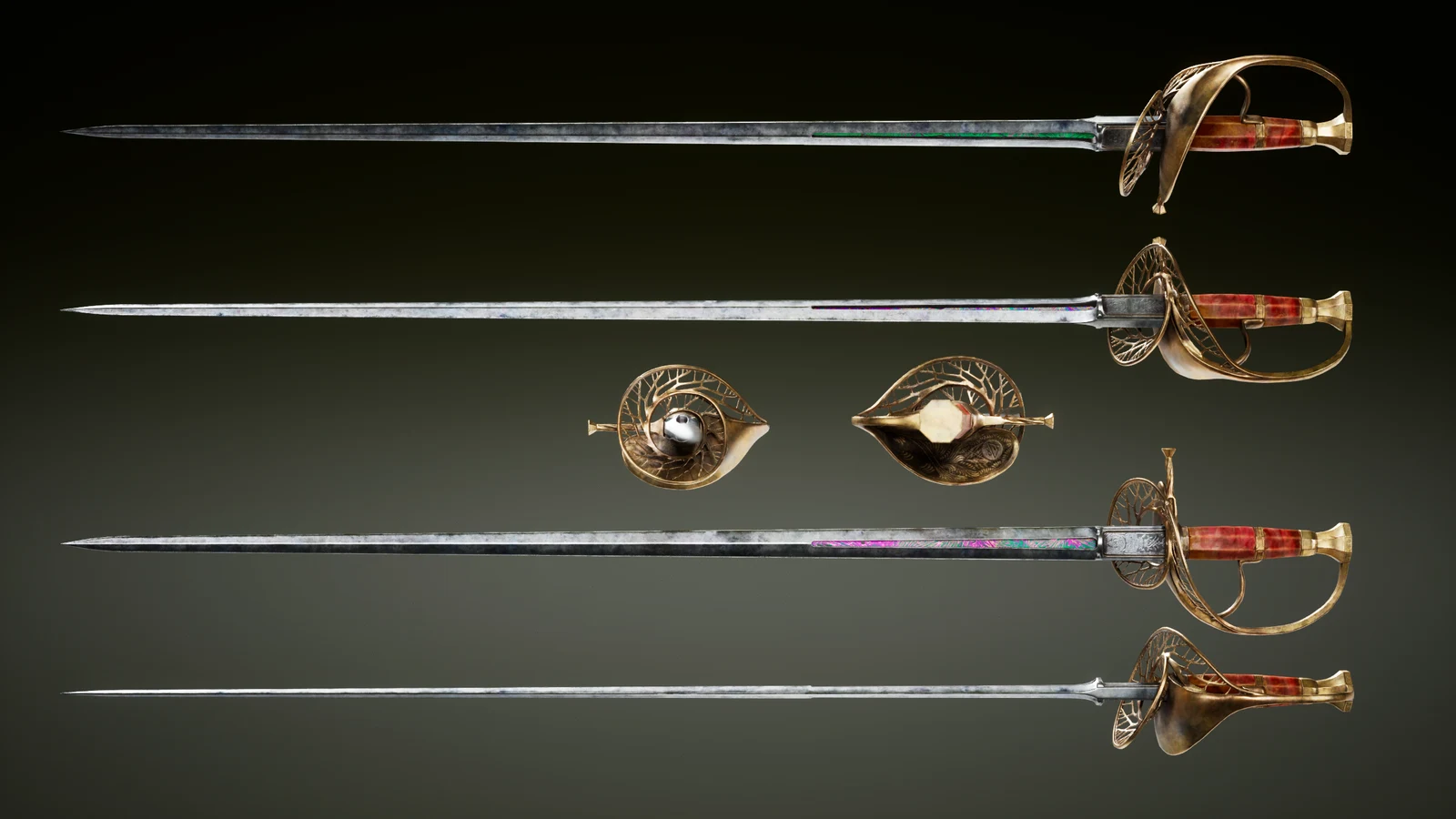 Four views of a long rapier show its narrow blade, basket hilt and red grip.