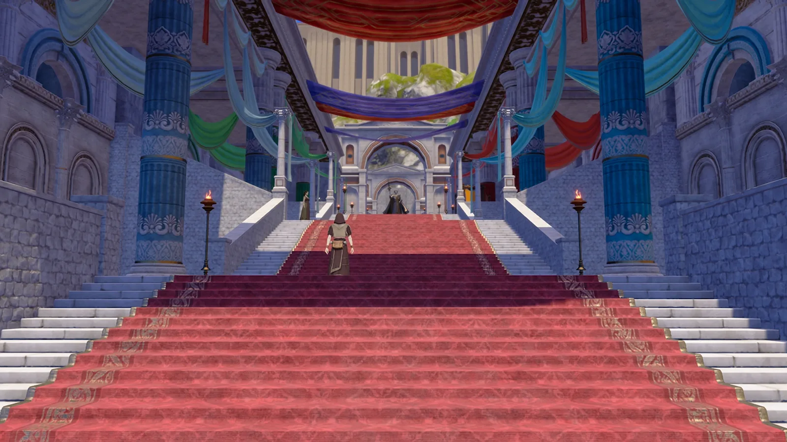 A Fire Emblem: Fortune's Weave character walks through Dagsion beneath a bright sky.