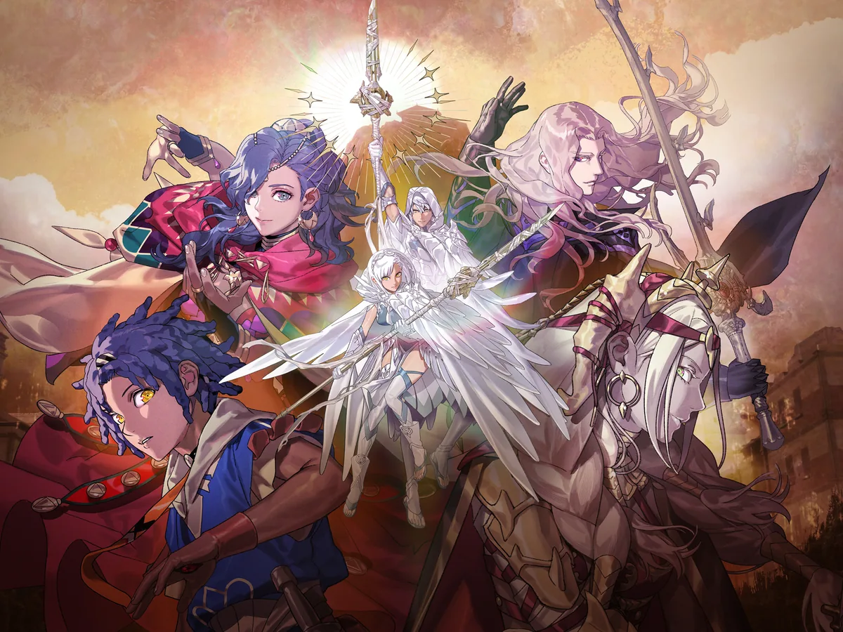 The four heroes of Fire Emblem: Fortune's Weave stand around the central player character in painted key art.