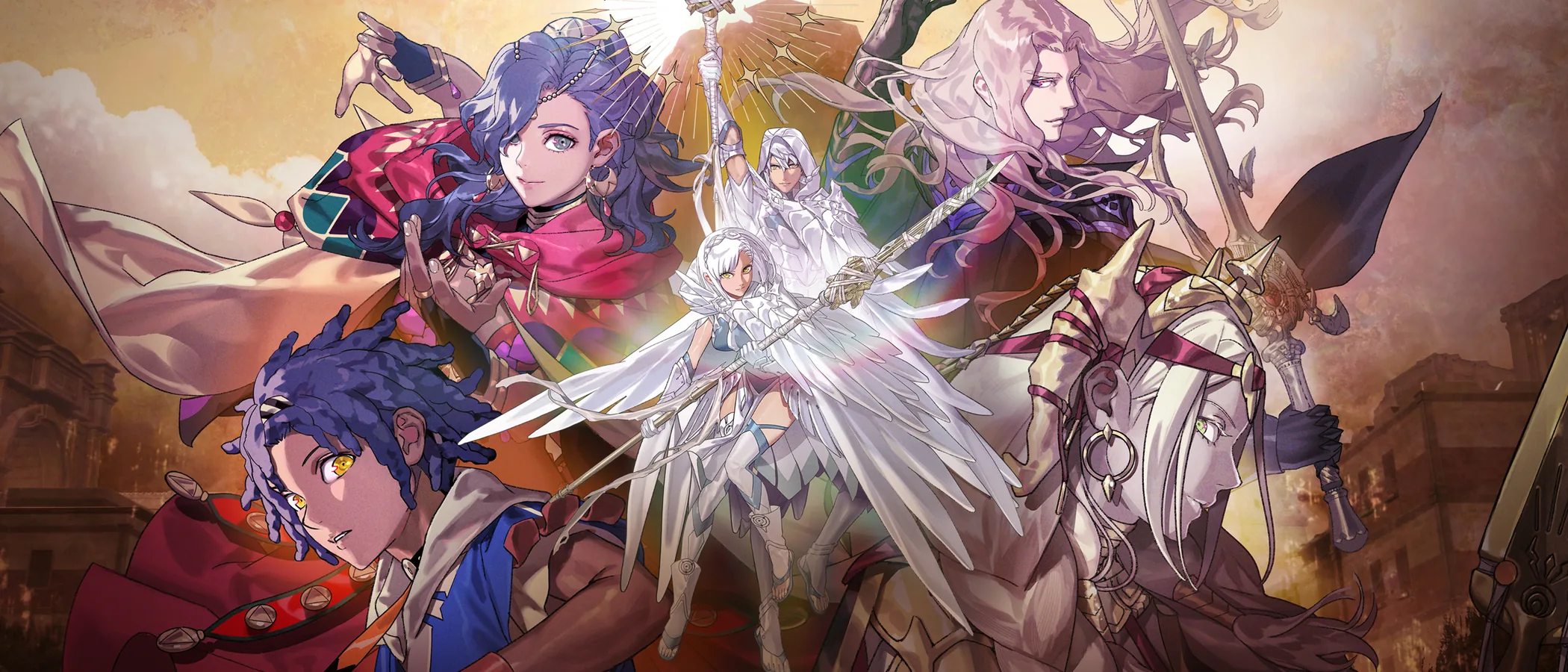 The four heroes of Fire Emblem: Fortune's Weave stand around the central player character in painted key art.