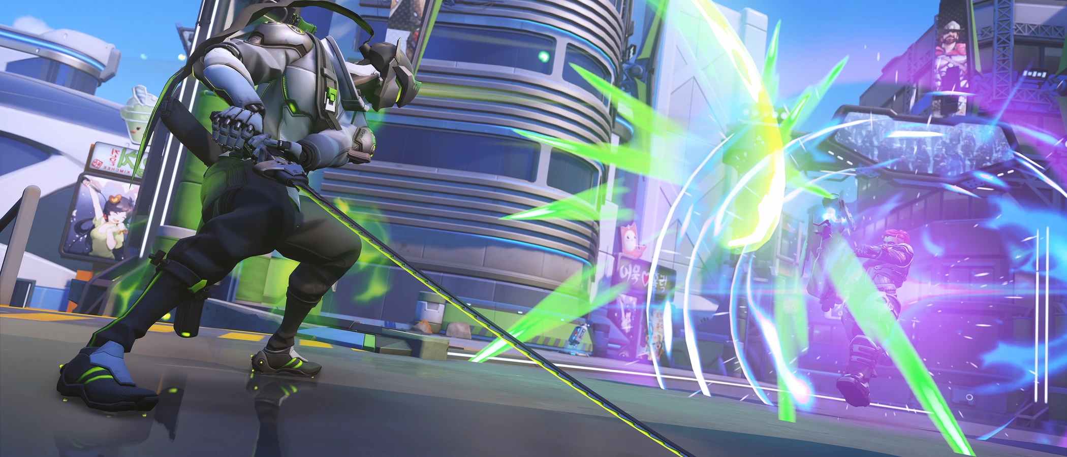 Genji faces a shielded opponent during Stadium combat on a futuristic Overwatch map