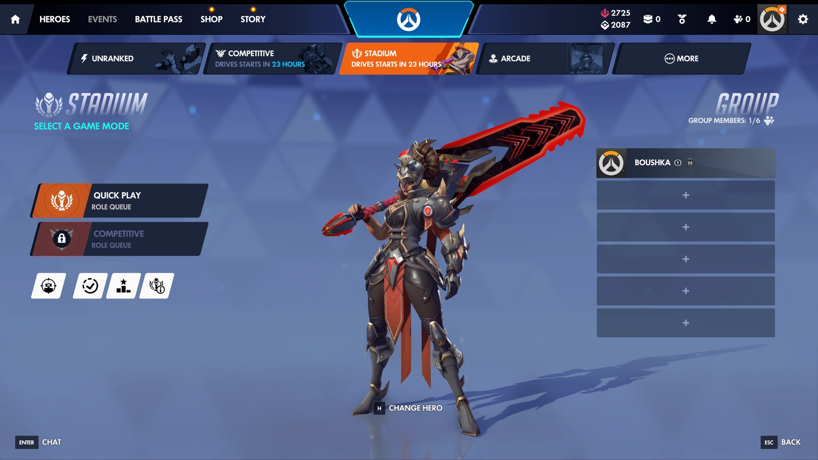 The Stadium menu shows Quick Play above a locked Competitive option in an official Overwatch interface image