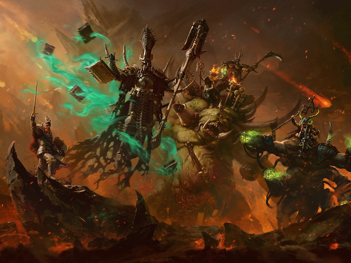 Four paid Lords of the End Times stand together in official Total War Warhammer III artwork.