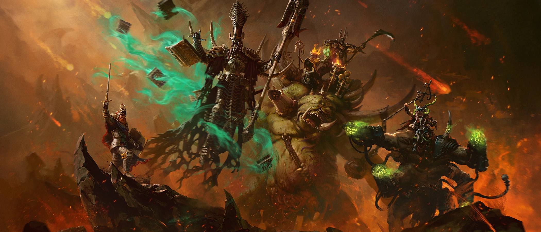 Four paid Lords of the End Times stand together in official Total War Warhammer III artwork.