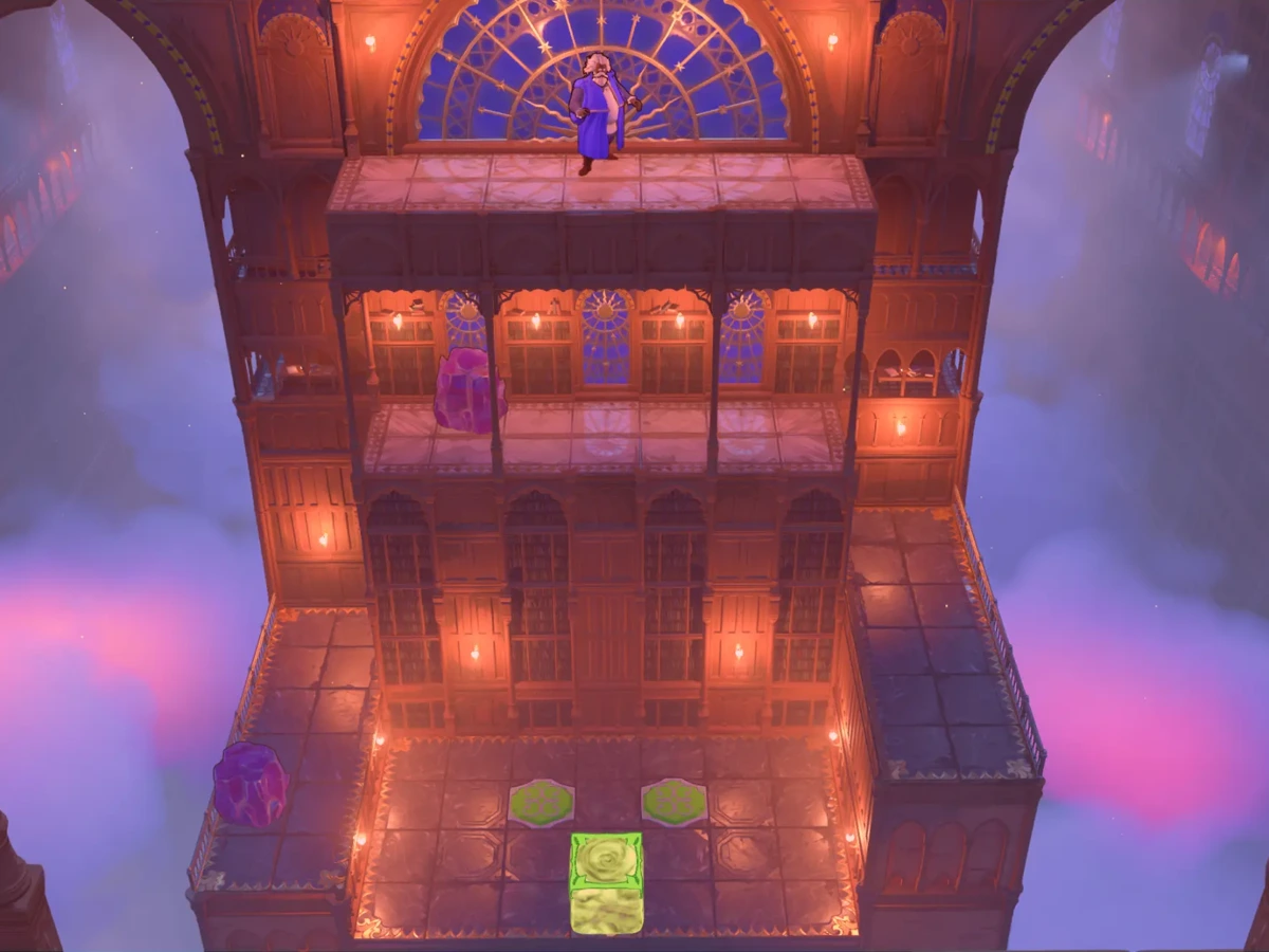 A purple-robed character stands above tiled puzzle platforms inside a glowing tower.