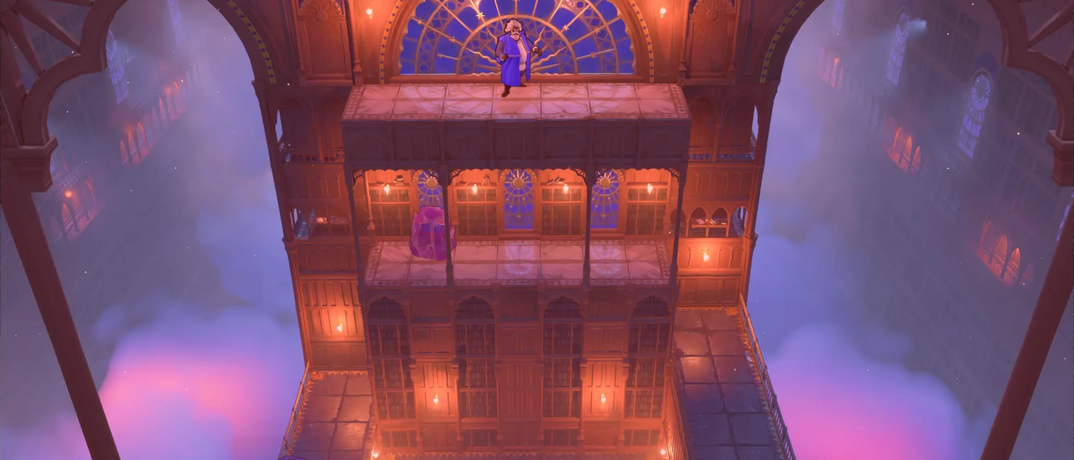 A purple-robed character stands above tiled puzzle platforms inside a glowing tower.