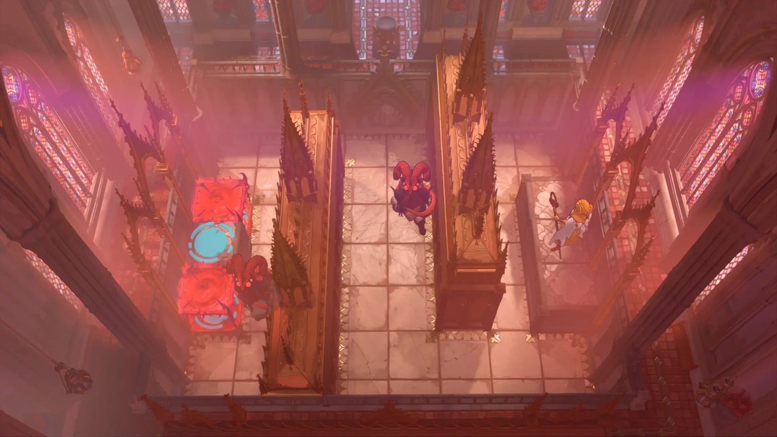 Characters and coloured puzzle pads occupy separate aisles in a stained-glass hall.