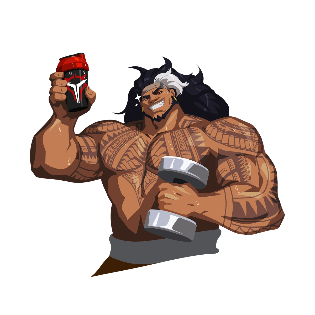 Mauga holds a red drink shaker and dumbbell in the Talon Strong spray.