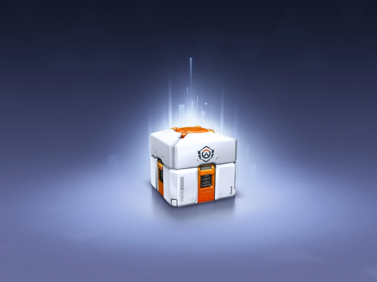 An Overwatch Esports Loot Box glows against a dark blue background.