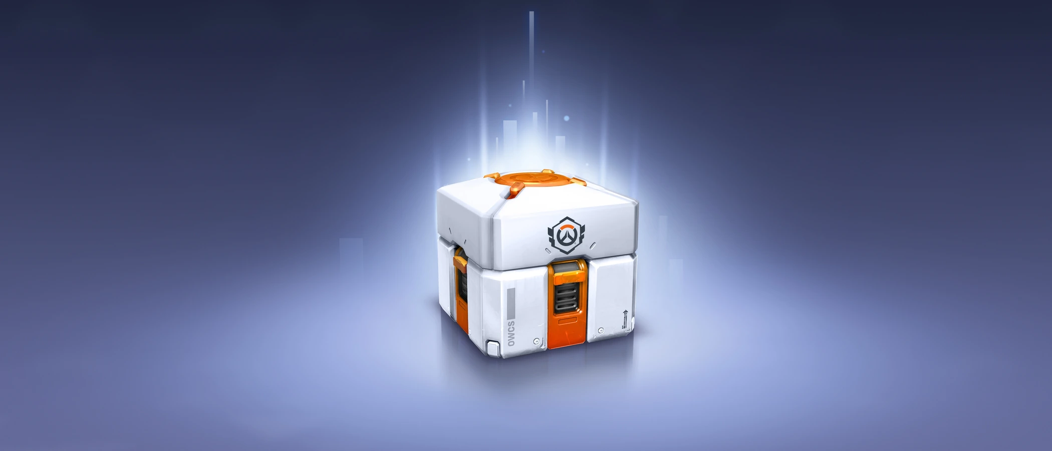 An Overwatch Esports Loot Box glows against a dark blue background.