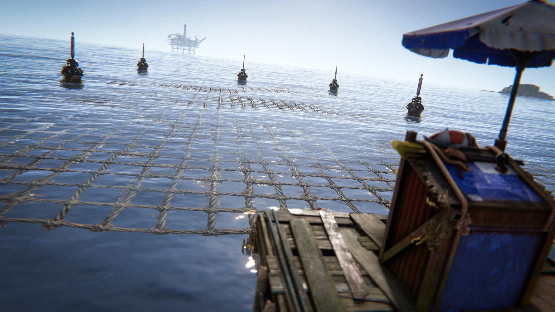 A buoy-marked boat construction grid extends over the water beside the Boat Building Station platform.