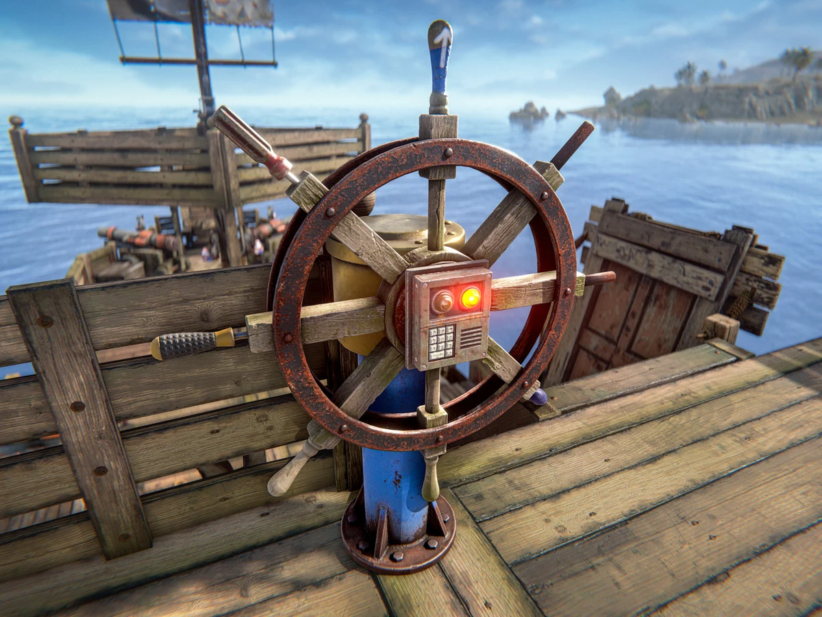 A wooden steering wheel with a code lock stands on the deck of a modular Rust boat.