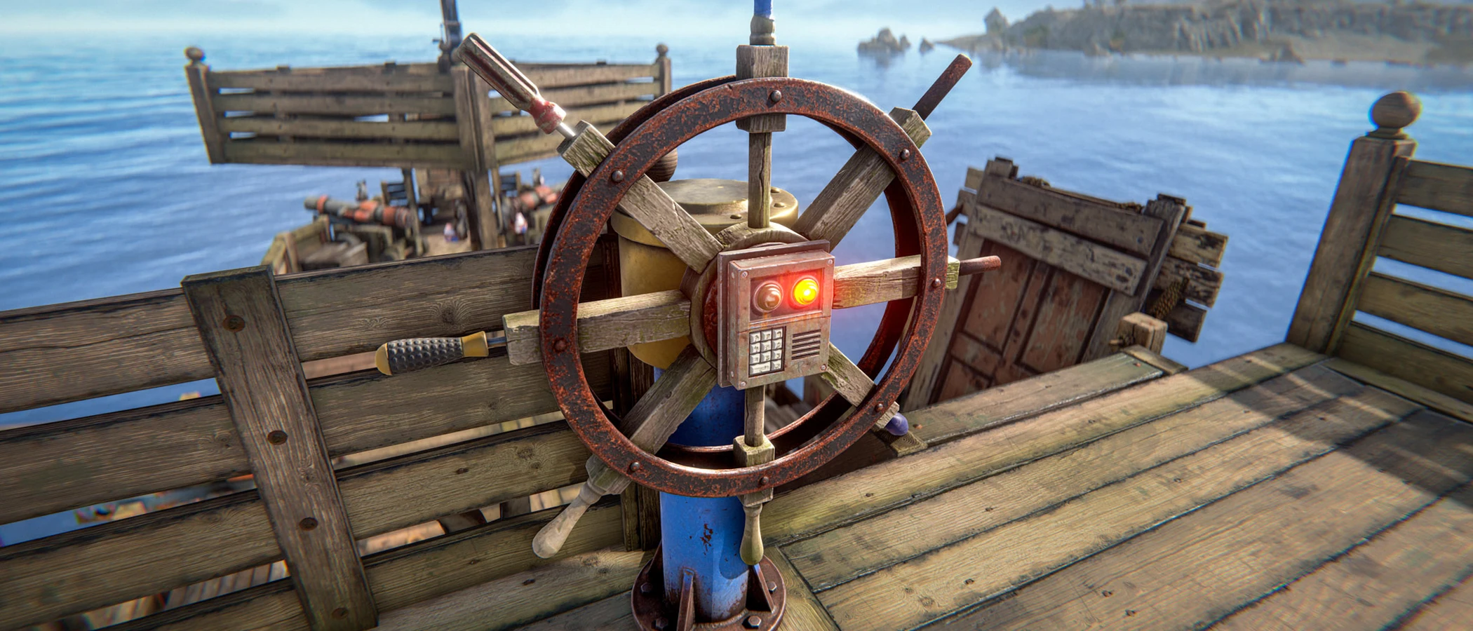 A wooden steering wheel with a code lock stands on the deck of a modular Rust boat.