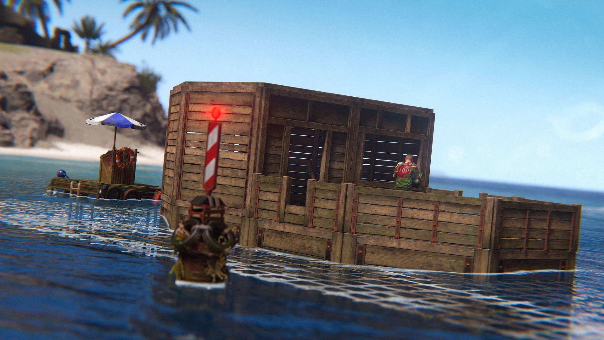 A modular wooden boat floats beside a fixed Boat Building Station at a tropical Deep Sea island.