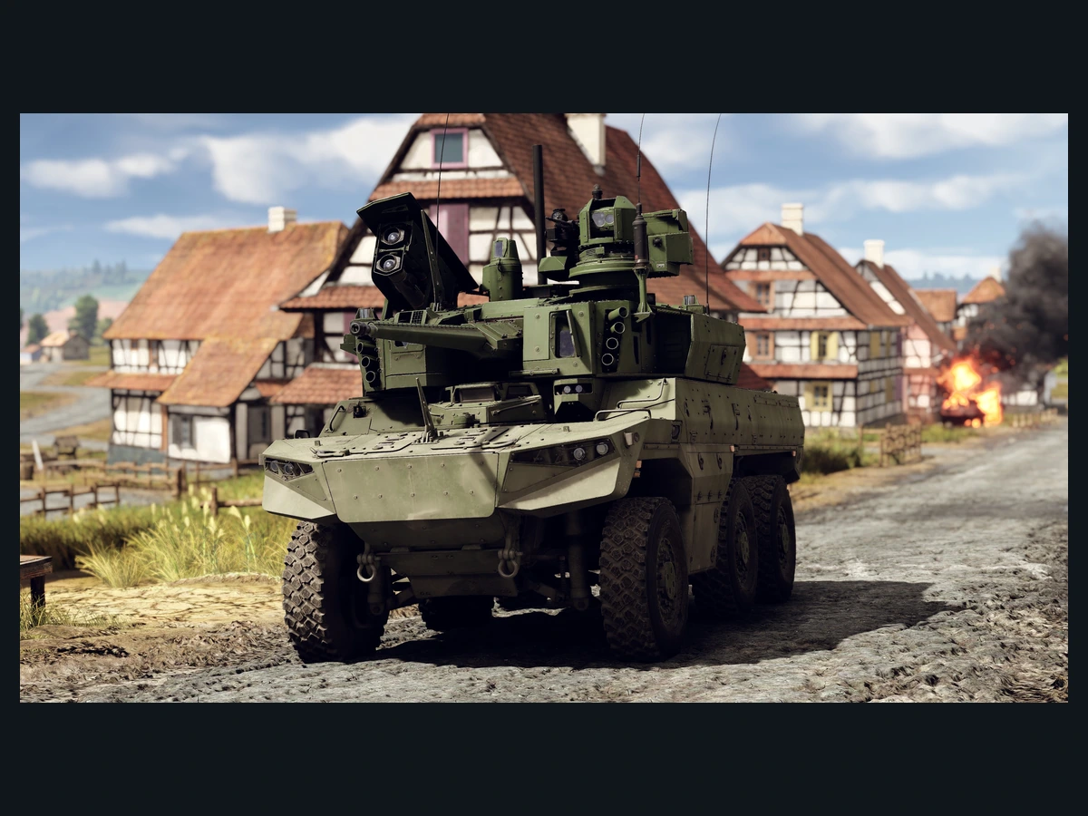 An EBRC Jaguar armoured vehicle in a village street in War Thunder
