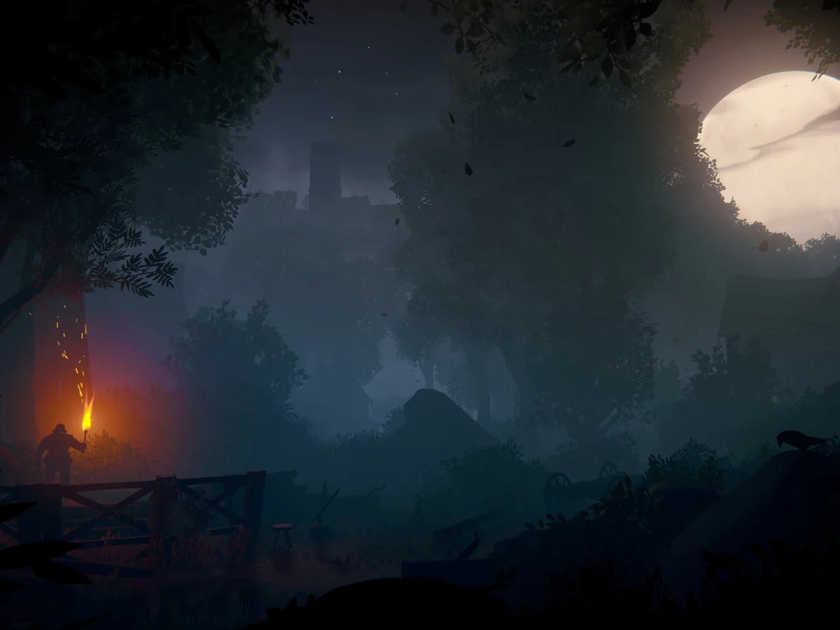 A torch glows beside a wooden crossing below a moonlit village and dark trees
