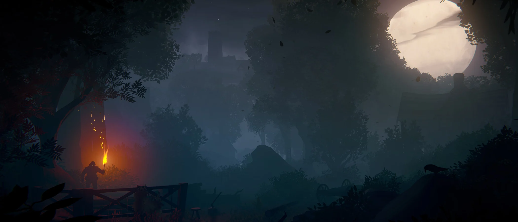 A torch glows beside a wooden crossing below a moonlit village and dark trees
