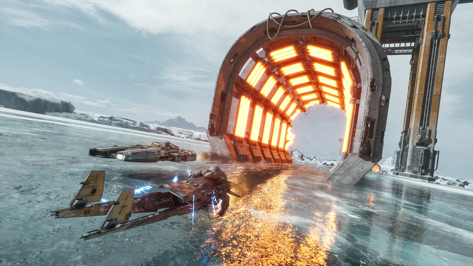 Speeders race across an icy surface beside a glowing circular structure