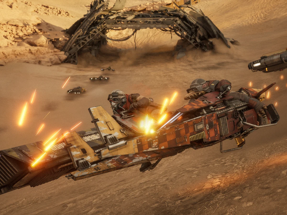 A landspeeder sheds sparks as racing vehicles collide on a sandy course