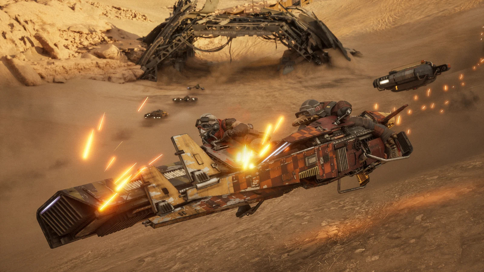 A landspeeder sheds sparks as racing vehicles collide on a sandy course
