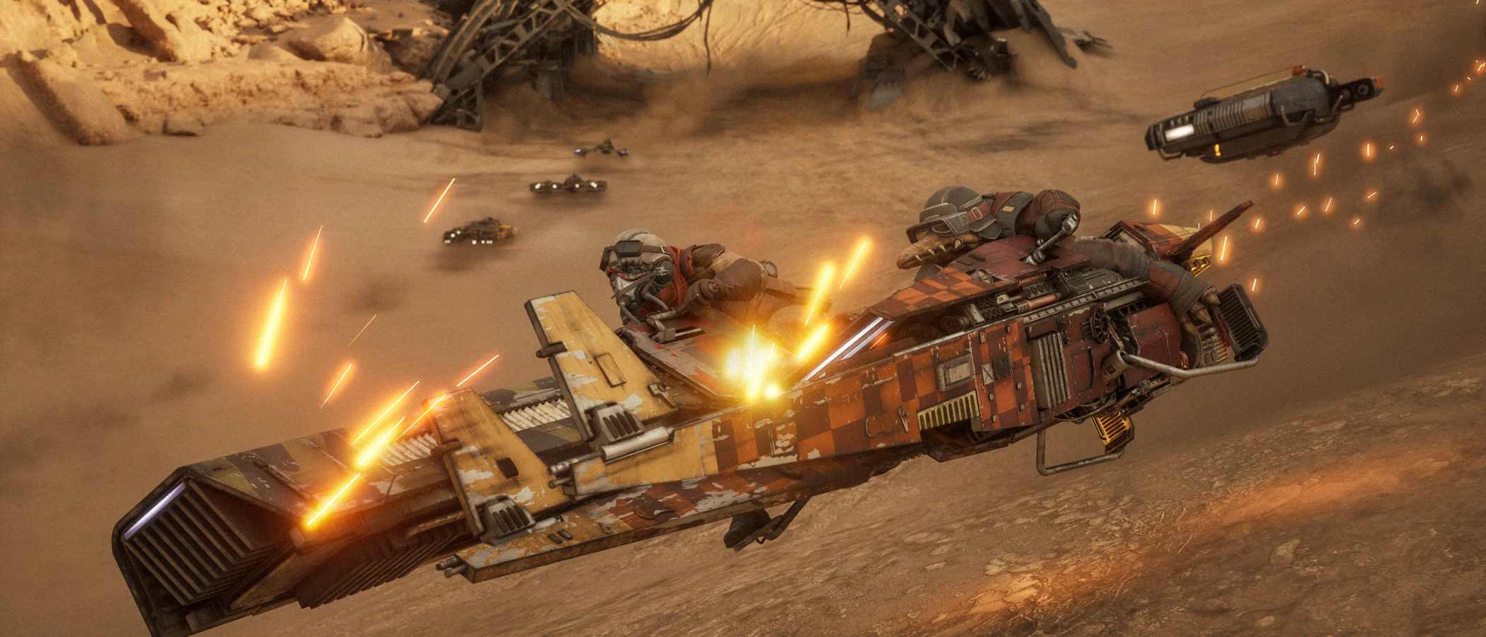 A landspeeder sheds sparks as racing vehicles collide on a sandy course