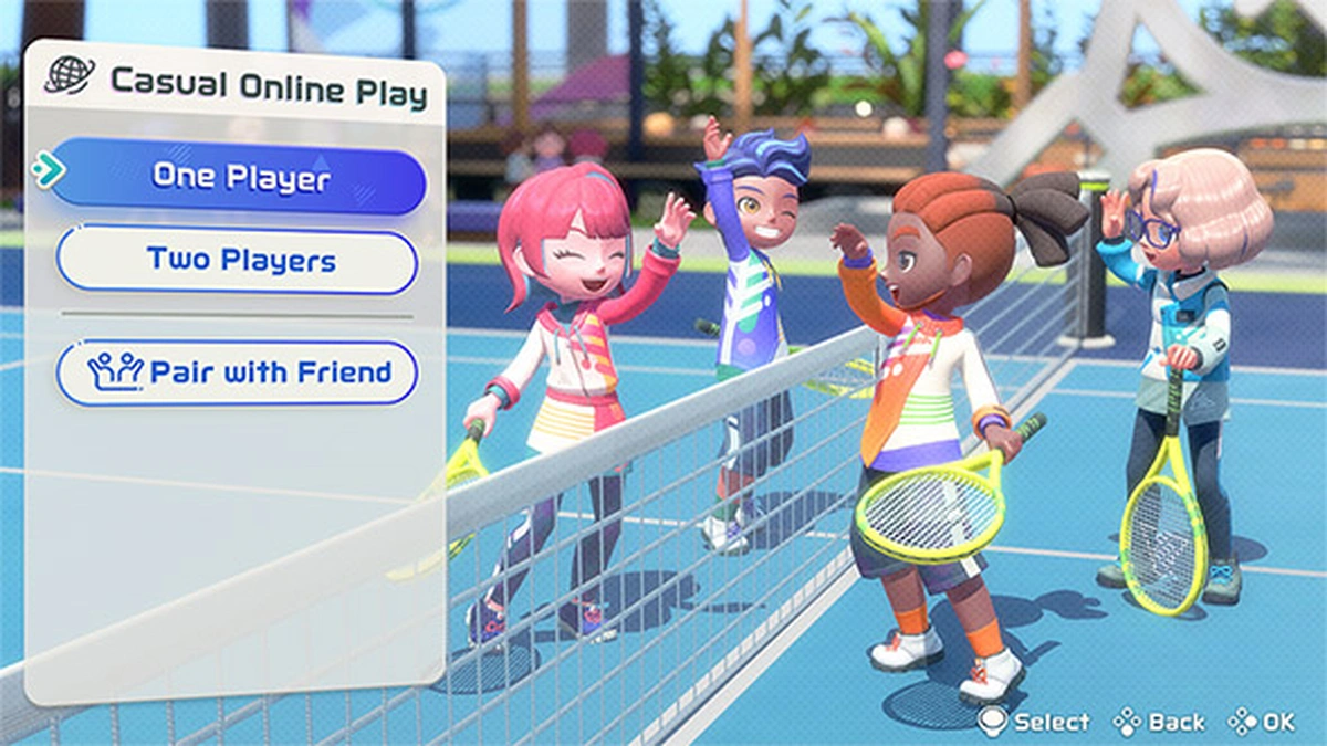 Casual Online Play menu with One Player, Two Players and Pair with Friend options beside a tennis court