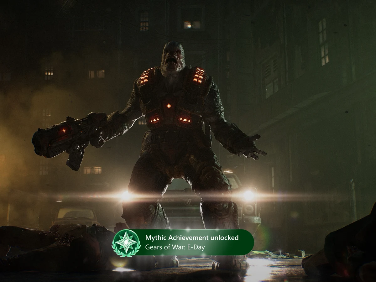 An Xbox Mythic Achievement notification appears over a Gears of War: E-Day screenshot.