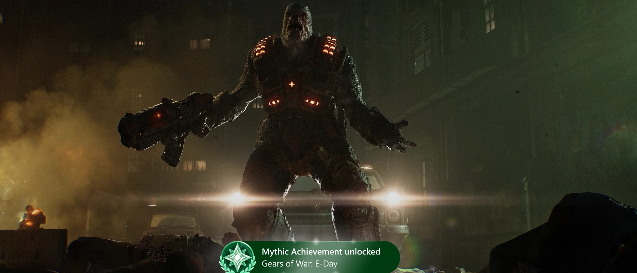 An Xbox Mythic Achievement notification appears over a Gears of War: E-Day screenshot.