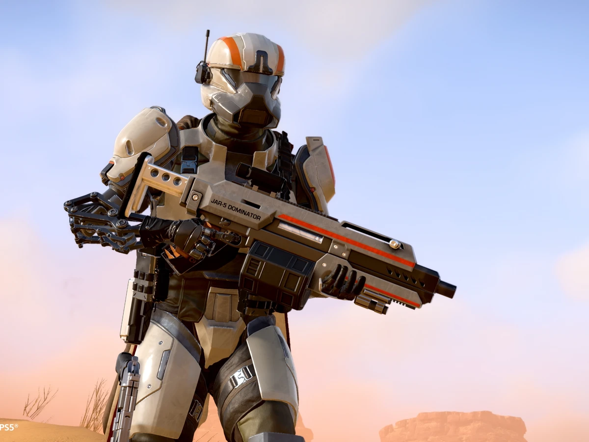 A Helldiver holding the JAR-5 Dominator weapon from the Steeled Veterans Warbond.