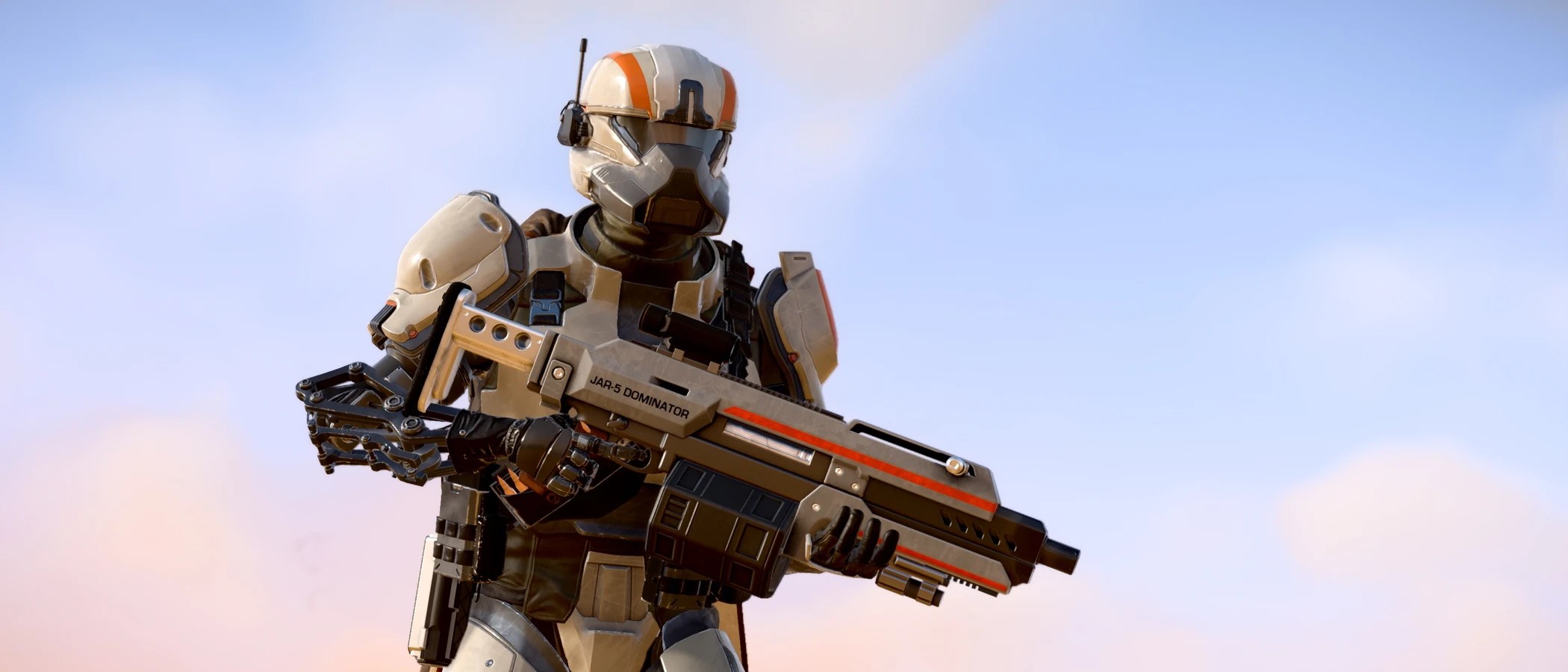 A Helldiver holding the JAR-5 Dominator weapon from the Steeled Veterans Warbond.