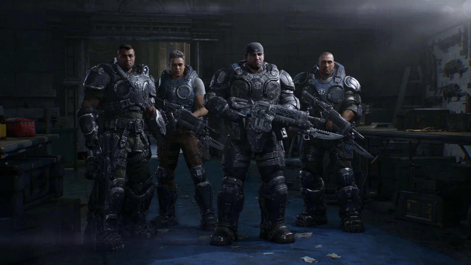Bravo Squad stands together inside a room in an official Gears of War: E-Day campaign screenshot.