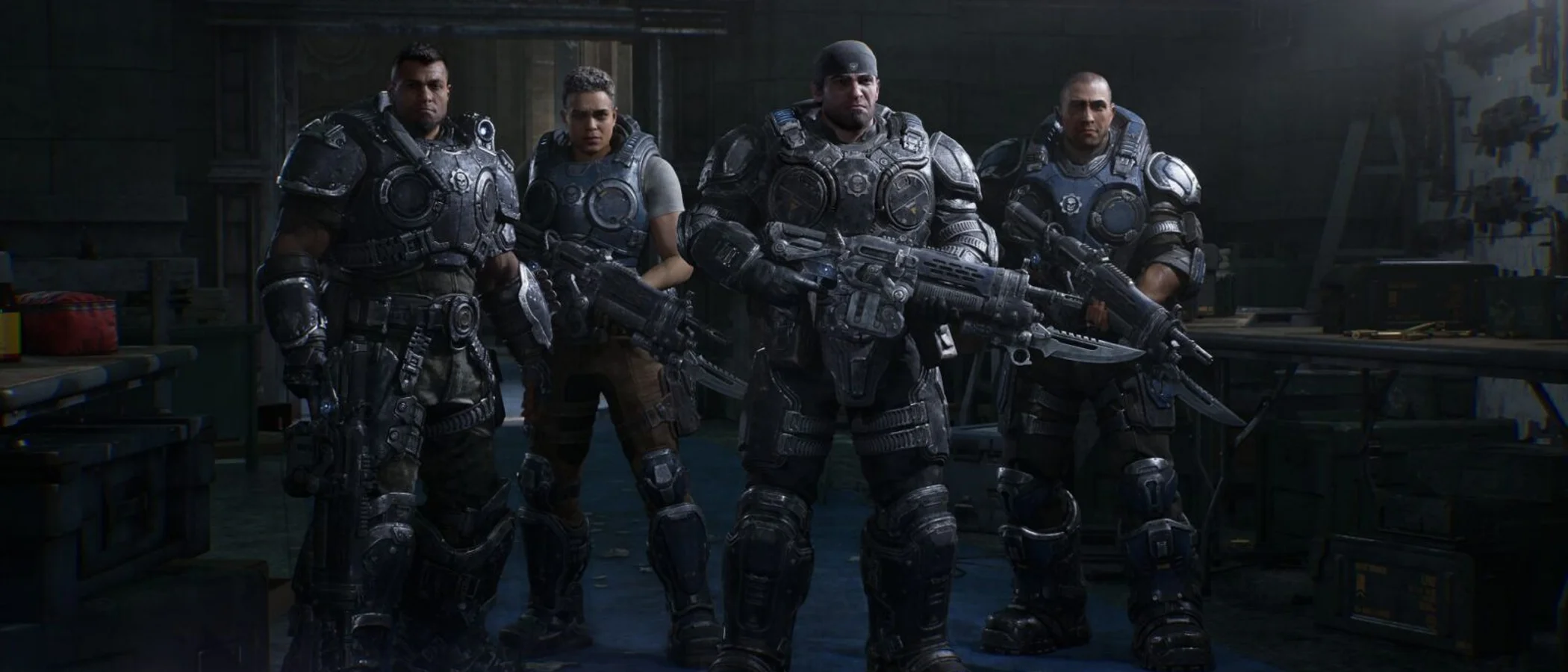 Bravo Squad stands together inside a room in an official Gears of War: E-Day campaign screenshot.