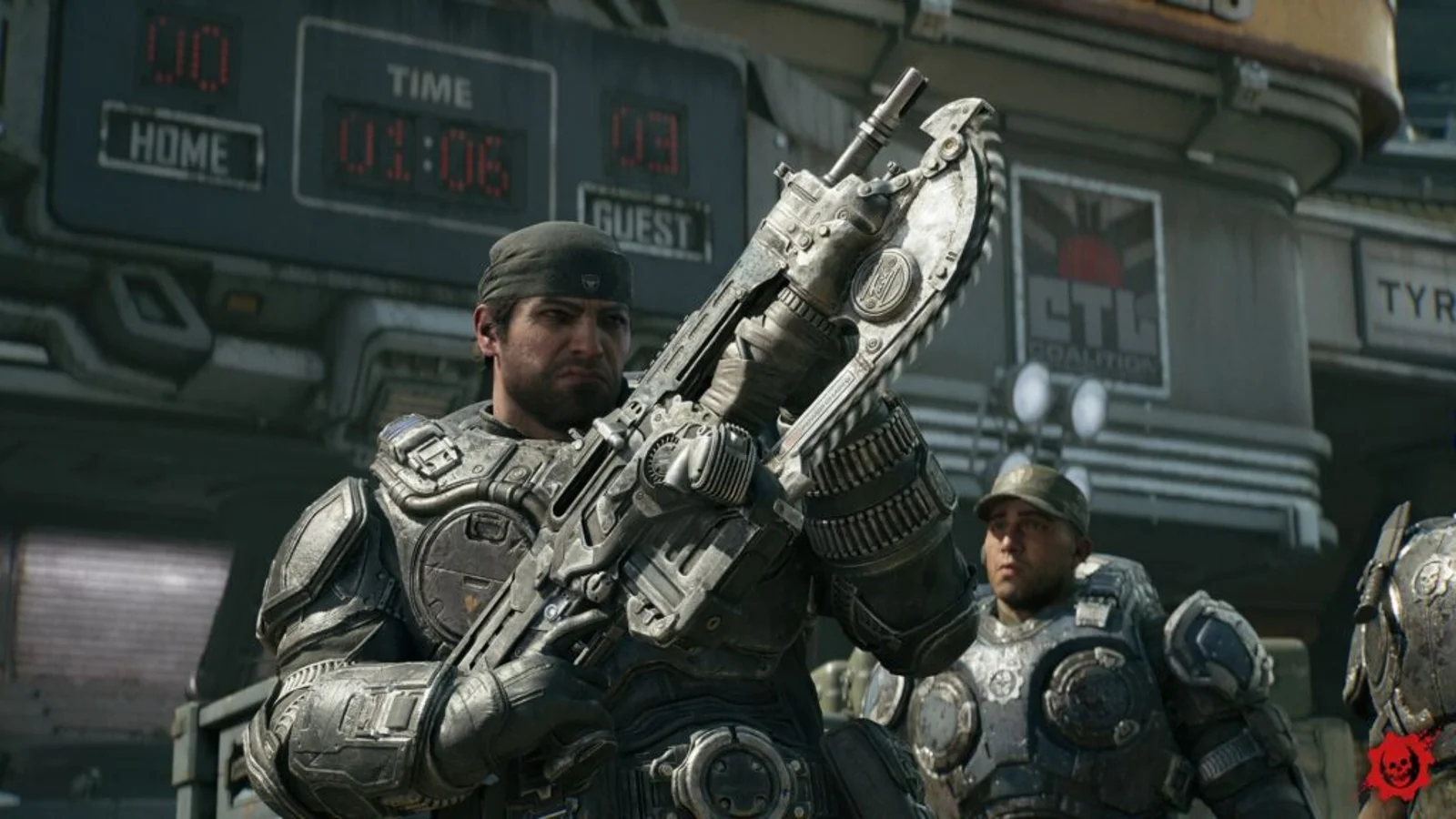 Marcus holds the Chainsaw Lancer with Dom behind him and a stadium scoreboard above them.