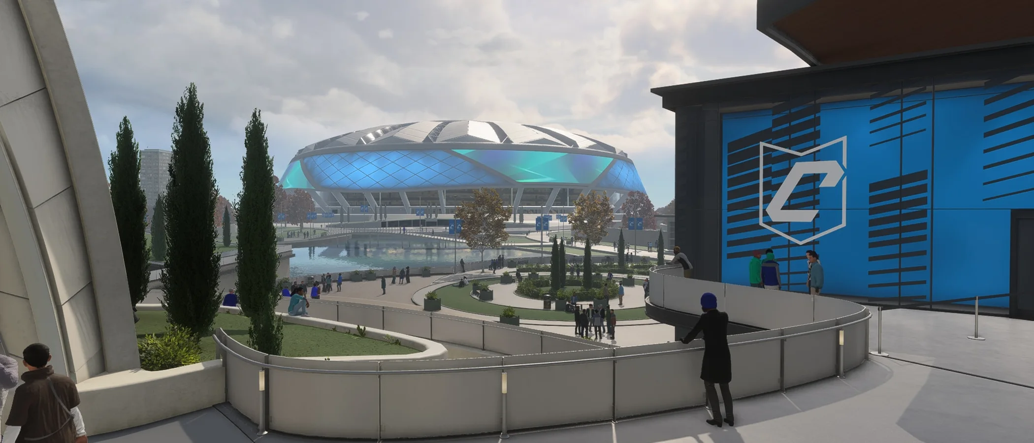 The FC 27 Clubhouse building stands beside the Terrace, with a blue Club emblem above its entrance.
