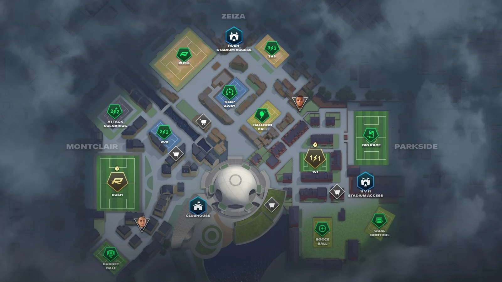 Official FC 27 Grounds map showing the Clubhouse icon south-west of the central Terrace and stadium access points in Zeiza and Parkside.