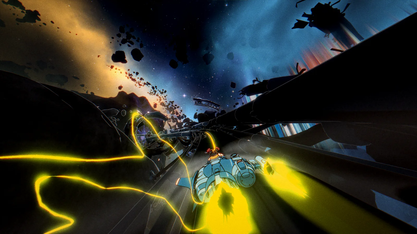 A small spacecraft flies past rocky structures in an Orbitals action scene.