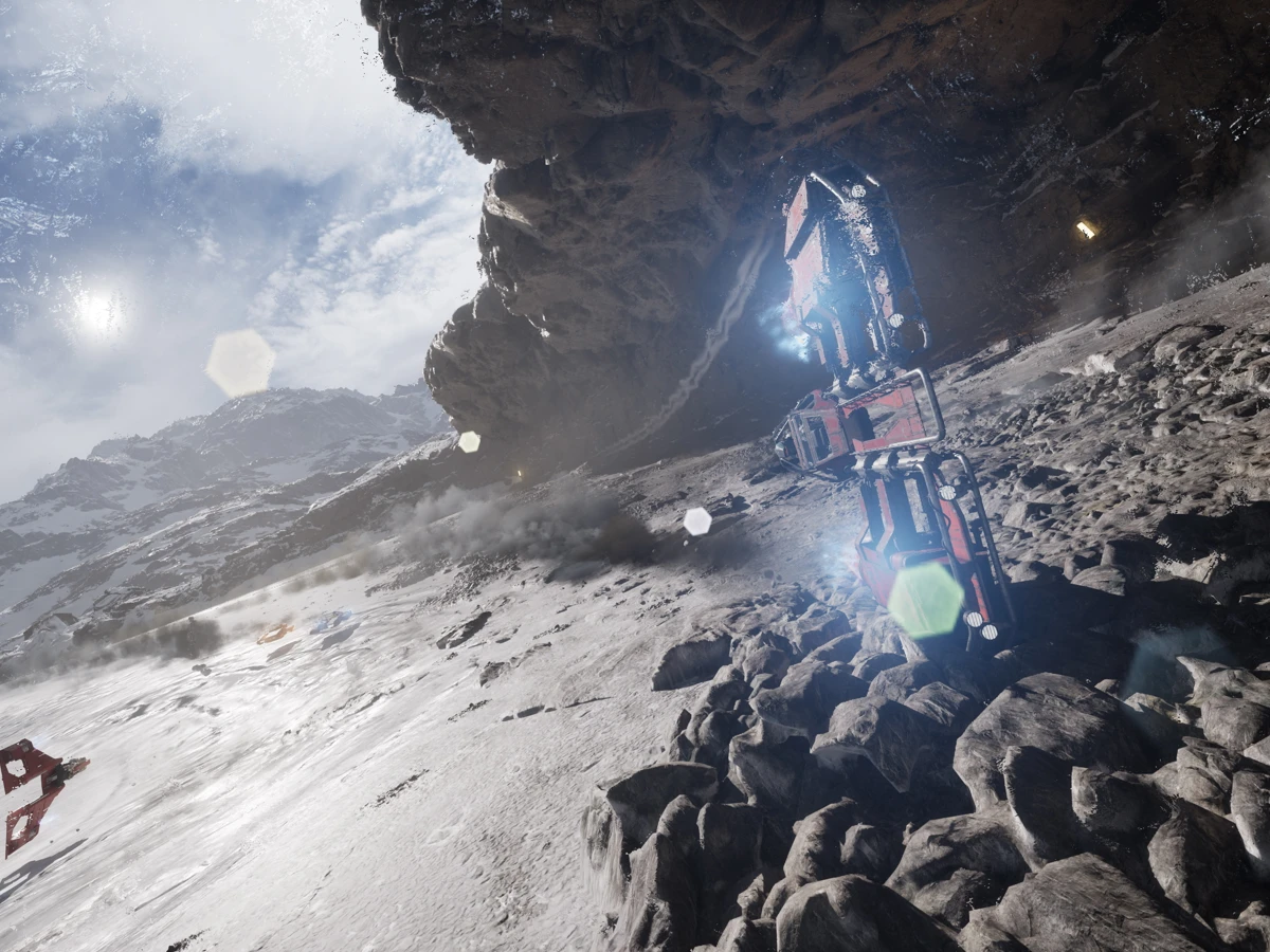 A repulsorcraft races beneath a rocky overhang on a snow-covered course