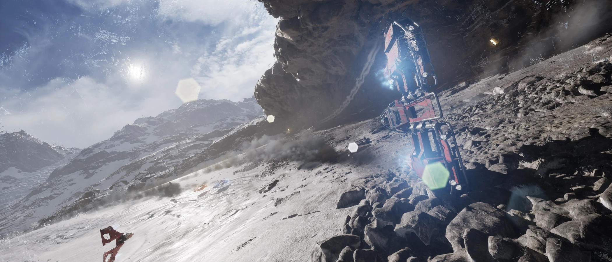 A repulsorcraft races beneath a rocky overhang on a snow-covered course